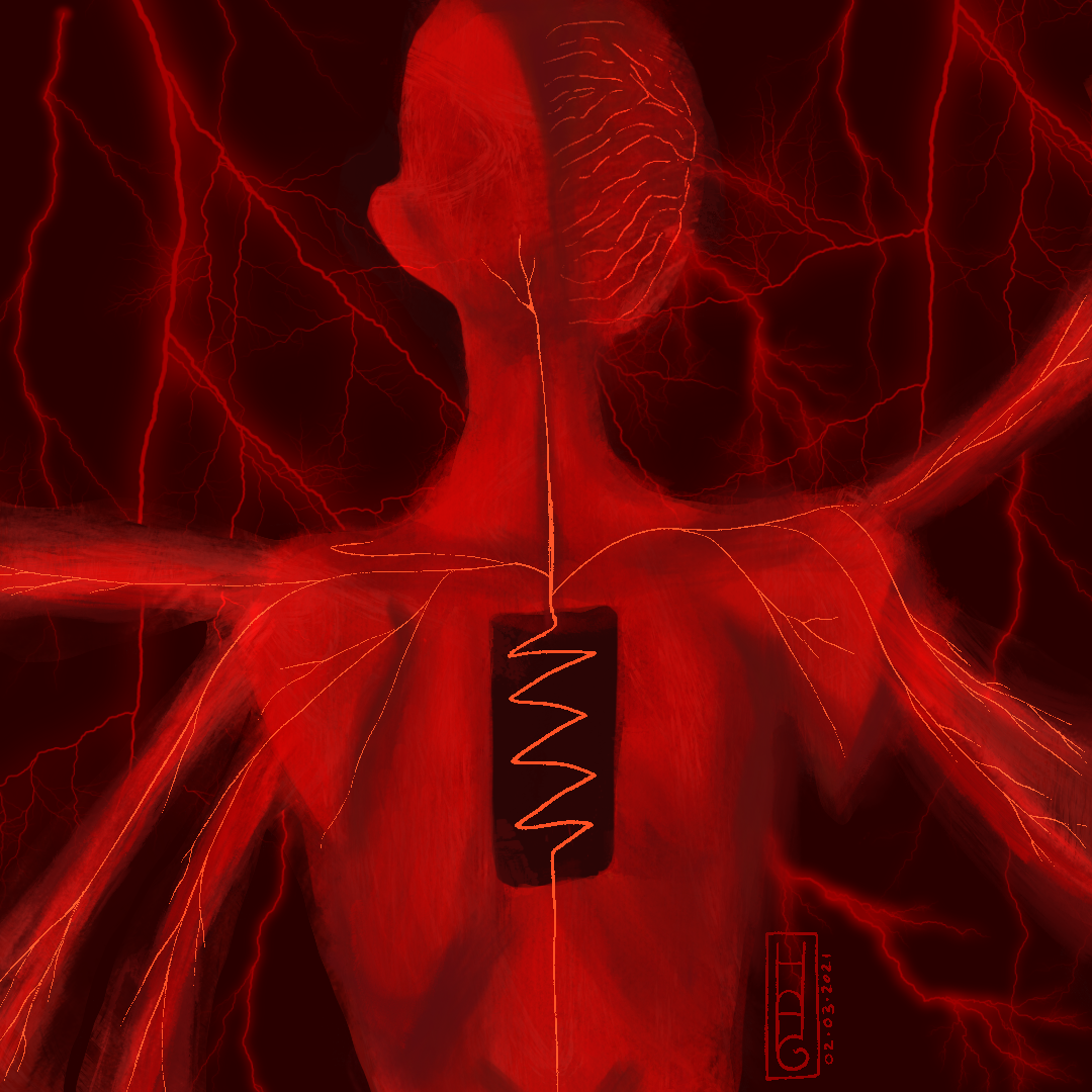 A vibrant red digital painting of a person's back. They have a battery in their spine and their nerves are arcing out lightning.